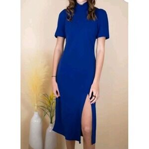Amanda Uprichard Butler Royal Blue Slit Midi Dress Short Sleeve Mock Neck Small